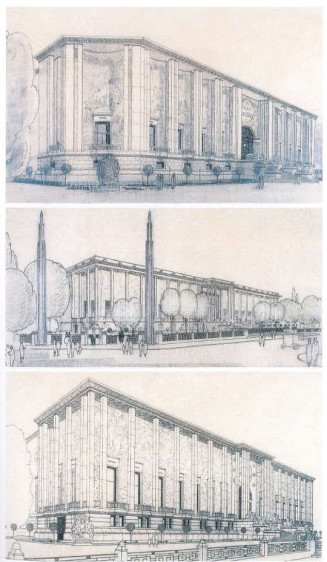 Croquis en perspective de la façade du Palais de la Porte Dorée, réalisé par Albert Laprade