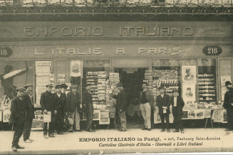 Emporio Italiano, Italian newspaper and bookshop on rue du Faubourg Saint-Antoine in Paris. Postcard.