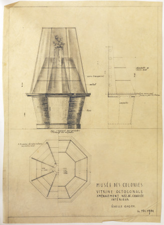 Vitrine pyramidale (société Siégel), élévation, coupe, vue du dessus, 14 février 1931