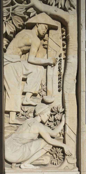 Détail du bas-relief : récolte du caoutchouc, Cambodge