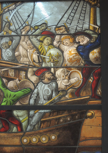 Copie réalisée en 1931 par Emile Brière d’un vitrail de l’église de Villequier daté de 1523, Combat mené vers les Açores entre un navire normand "La Salamandre" et un navire espagnol chargé de richesses